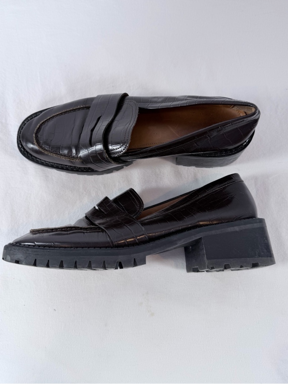 & Other Stories Croc Embossed Block Heel Loafers in Dark Brown Size 10.5 - Picture 2 of 11